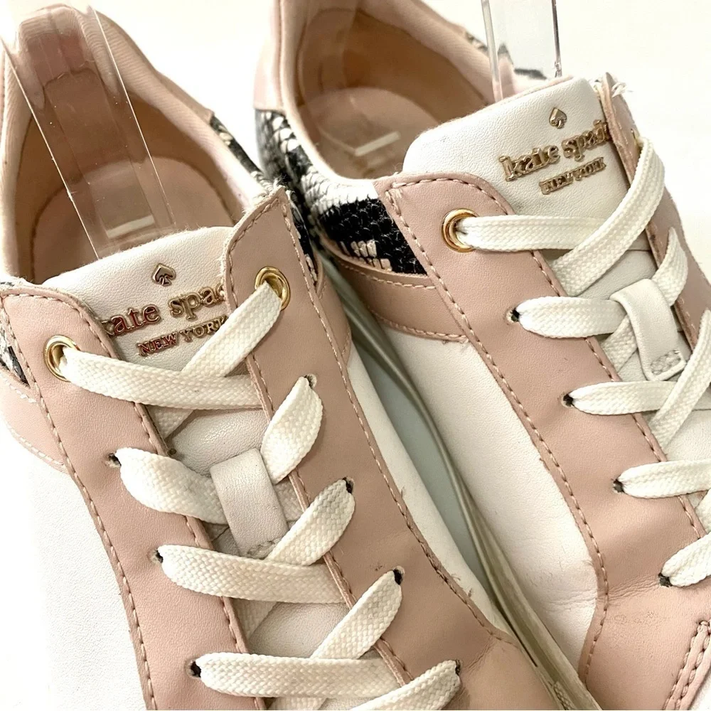 Kate Spade NY Dash White Pink Leather Sneaker Size 8.5 Snakeskin Panels Low Top